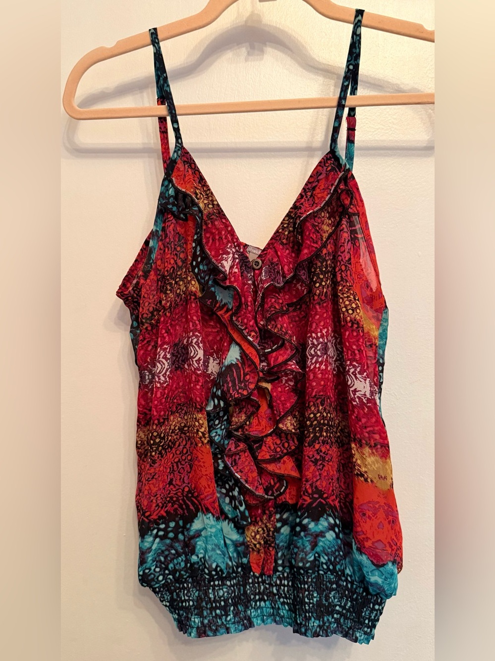 EUC Beautiful Red & Teal Ruffle V-Neck Camisole with Buttons Large